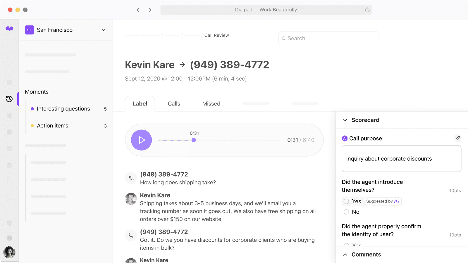 Dialpad Ai Scorecard showing which part of the call an agent met the criteria blog size