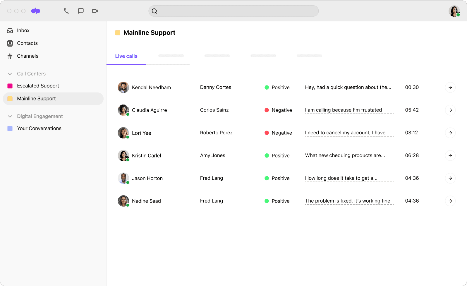 Screenshot of Dialpad Ai analyzing the sentiment of multiple calls in real time