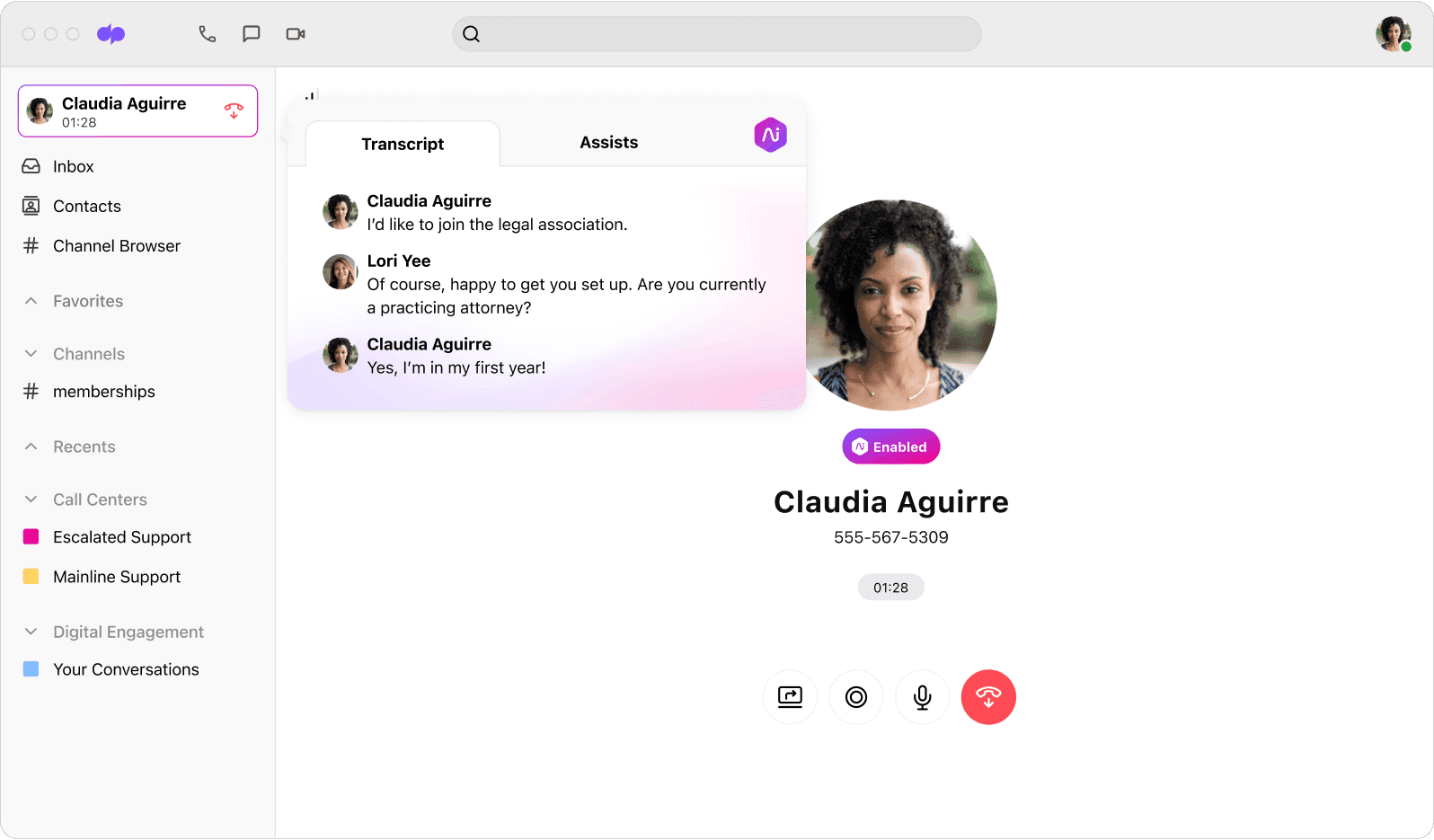 Screenshot of Dialpad Ai transcribing a phone call in real time
