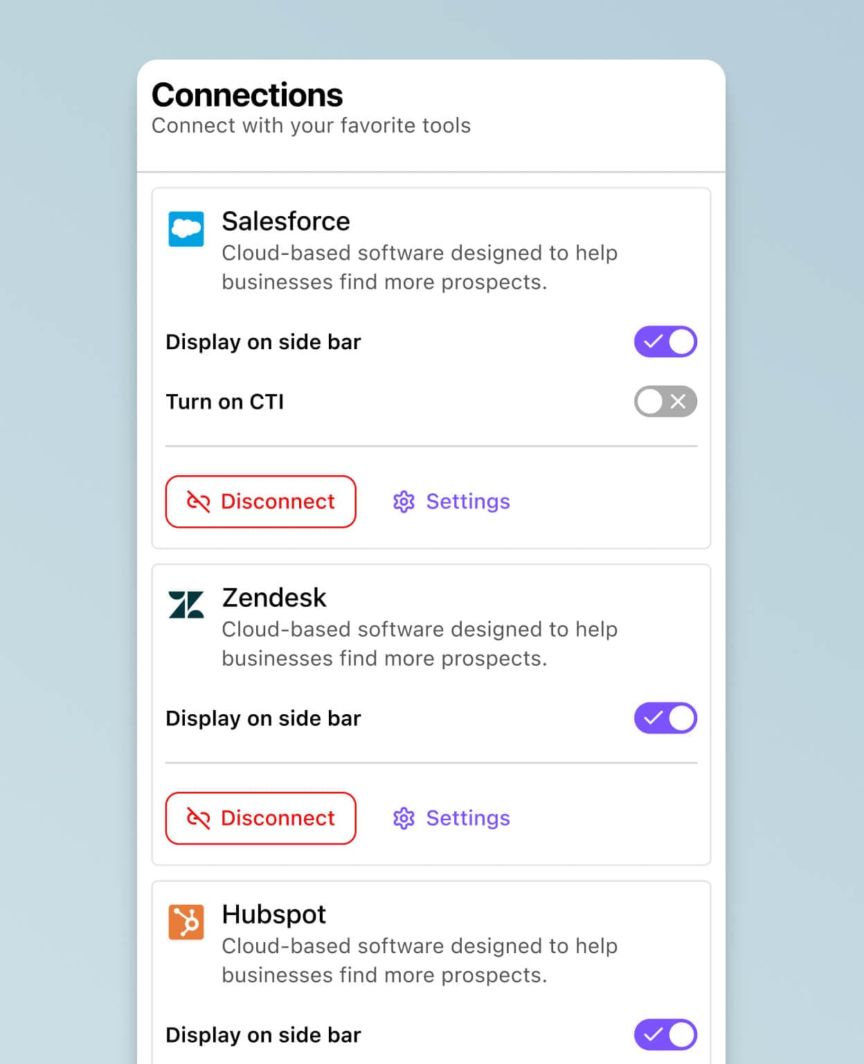 Screenshot of Dialpad's integration with other SaaS platforms, showcasing connected services