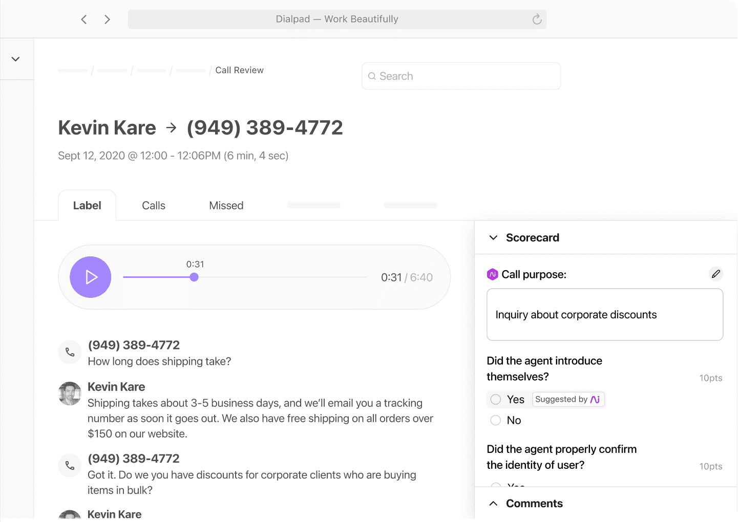 Dialpad Ai Scorecard showing which part of the call an agent met the criteria single item card