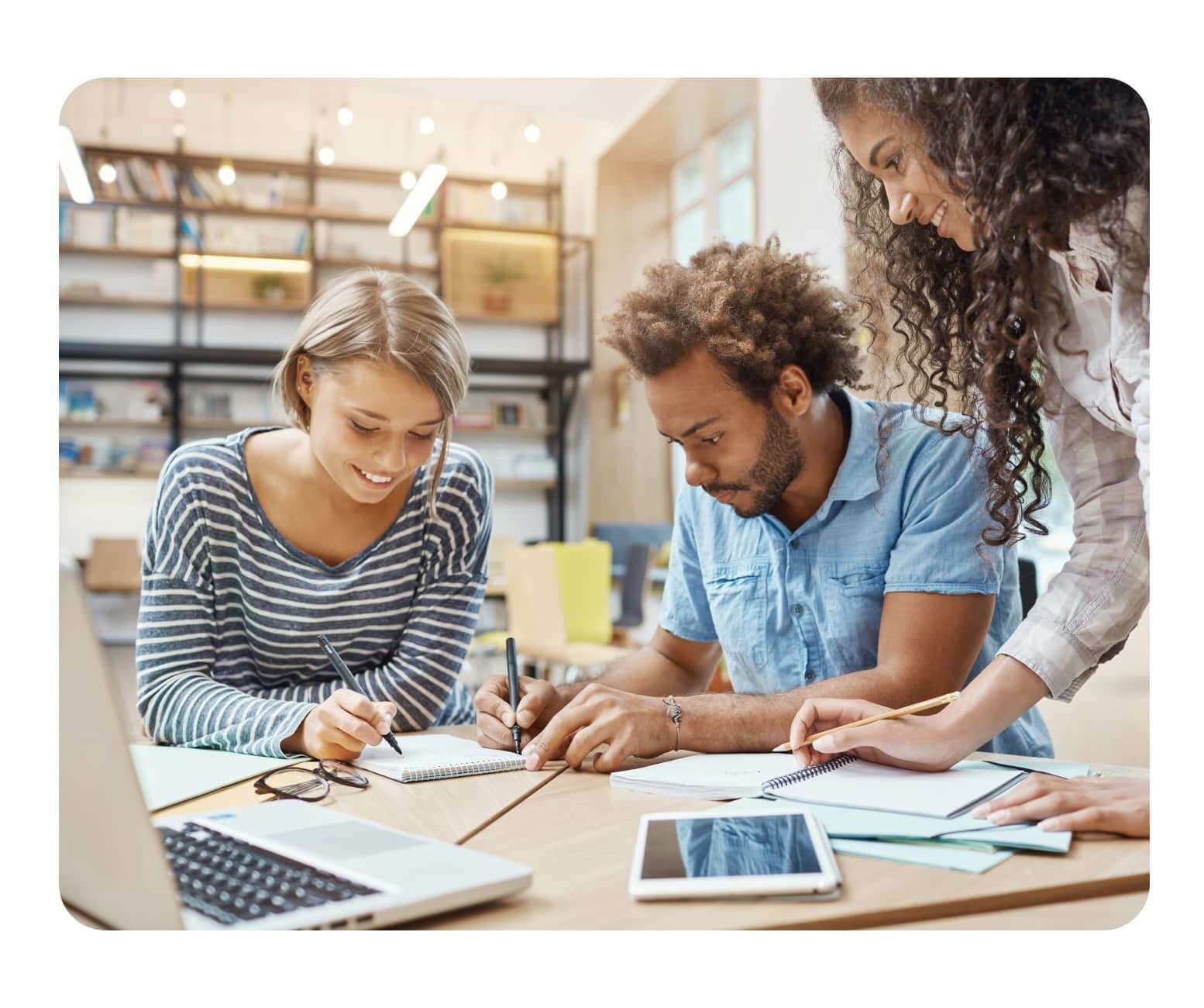 Three people working together