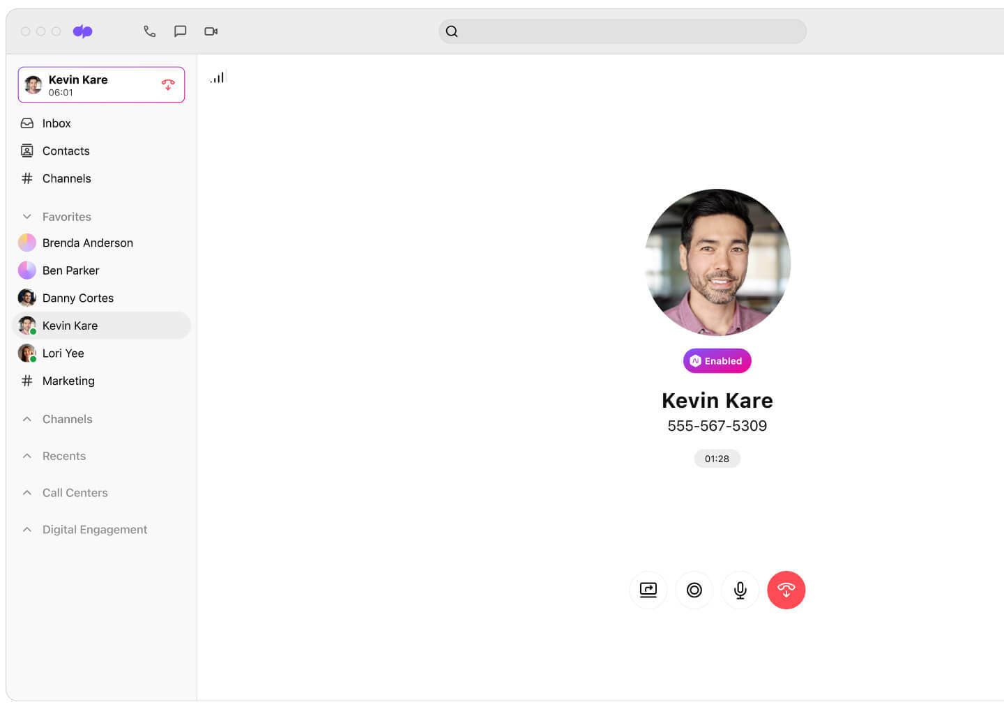 Screenshot of an ongoing phone call on Dialpad's desktop app