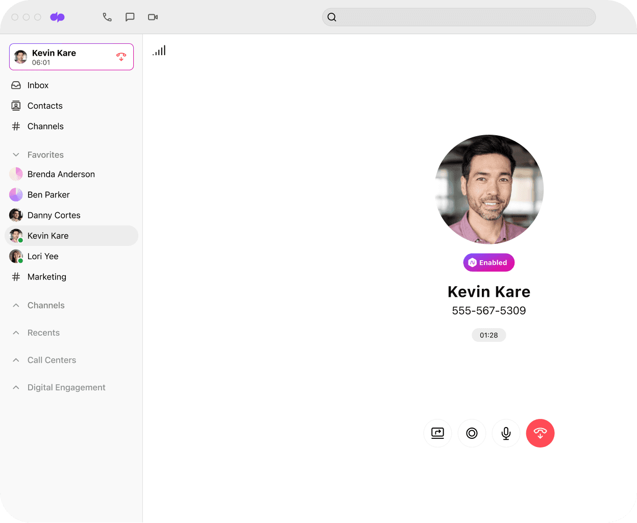 Screenshot of an ongoing phone call on Dialpad's desktop app