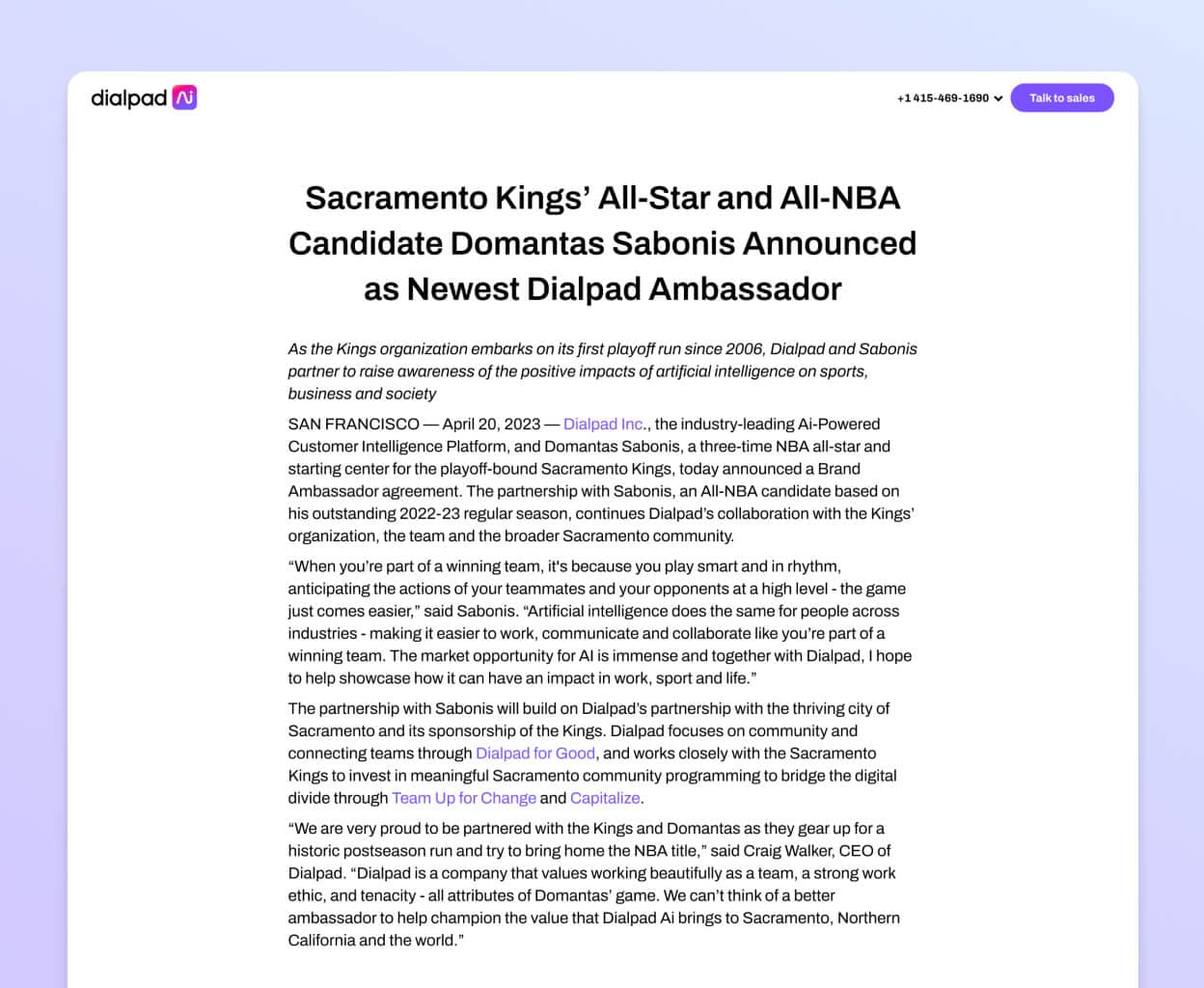 Screenshot showing a press release from Dialpad