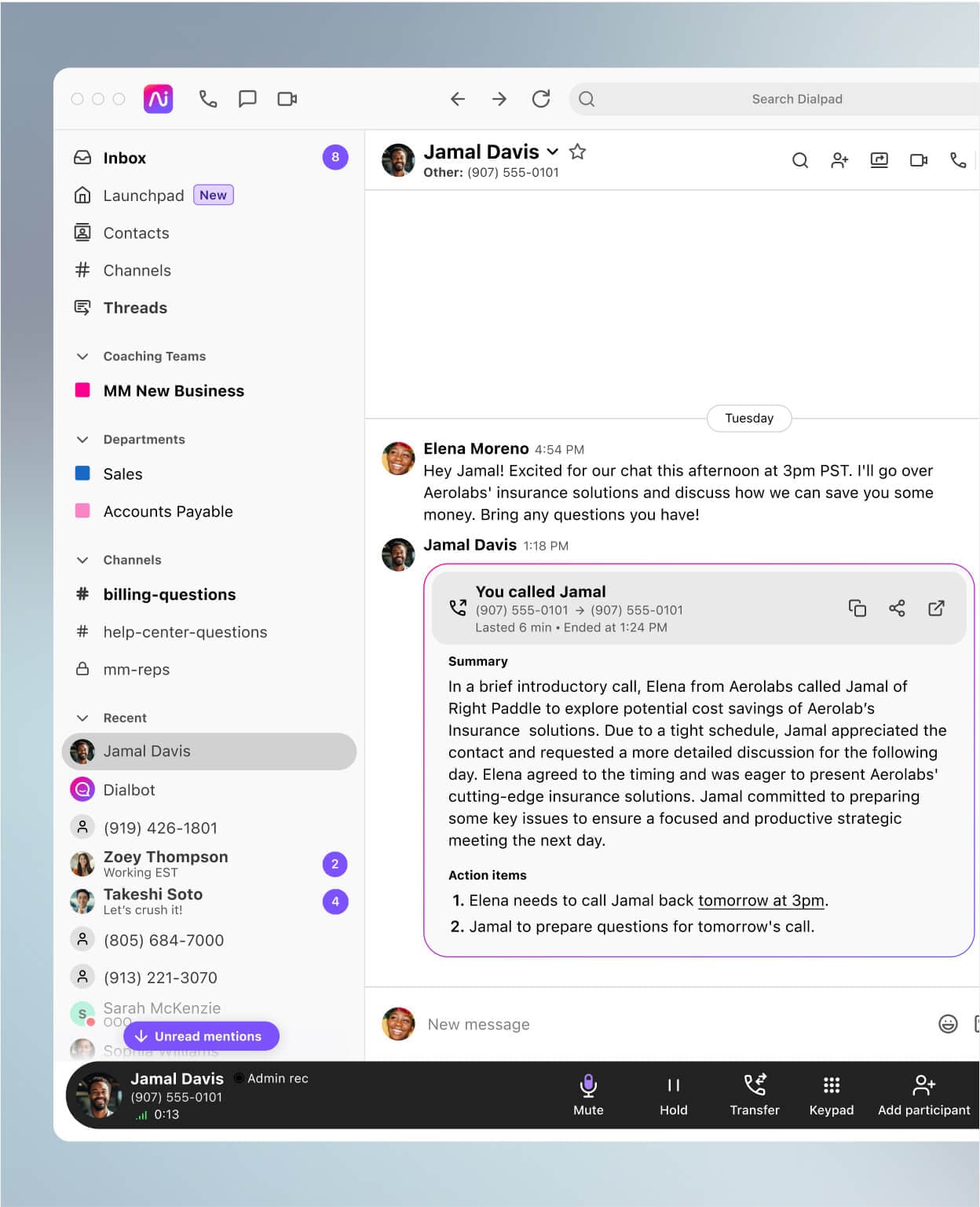 Screenshot of Dialpad Ai Recaps generating a call summary and list of action items