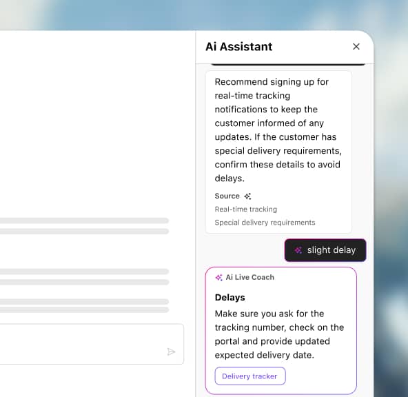 Screenshot of Dialpads real time assist card feature popping up helpful notes for an agent or rep when a tricky question comes up on a call