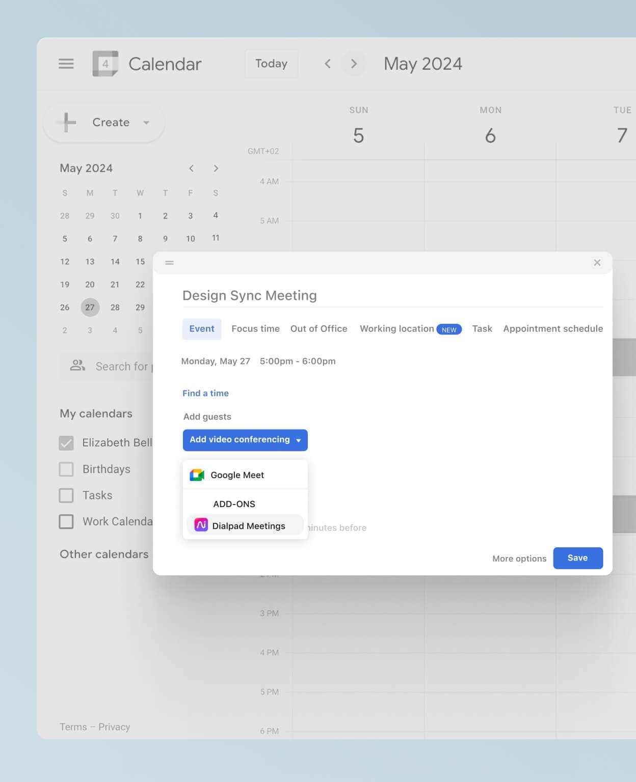 Screenshot of Dialpads Google Calendar integration automatically populating a meeting invite with the link to join the meeting