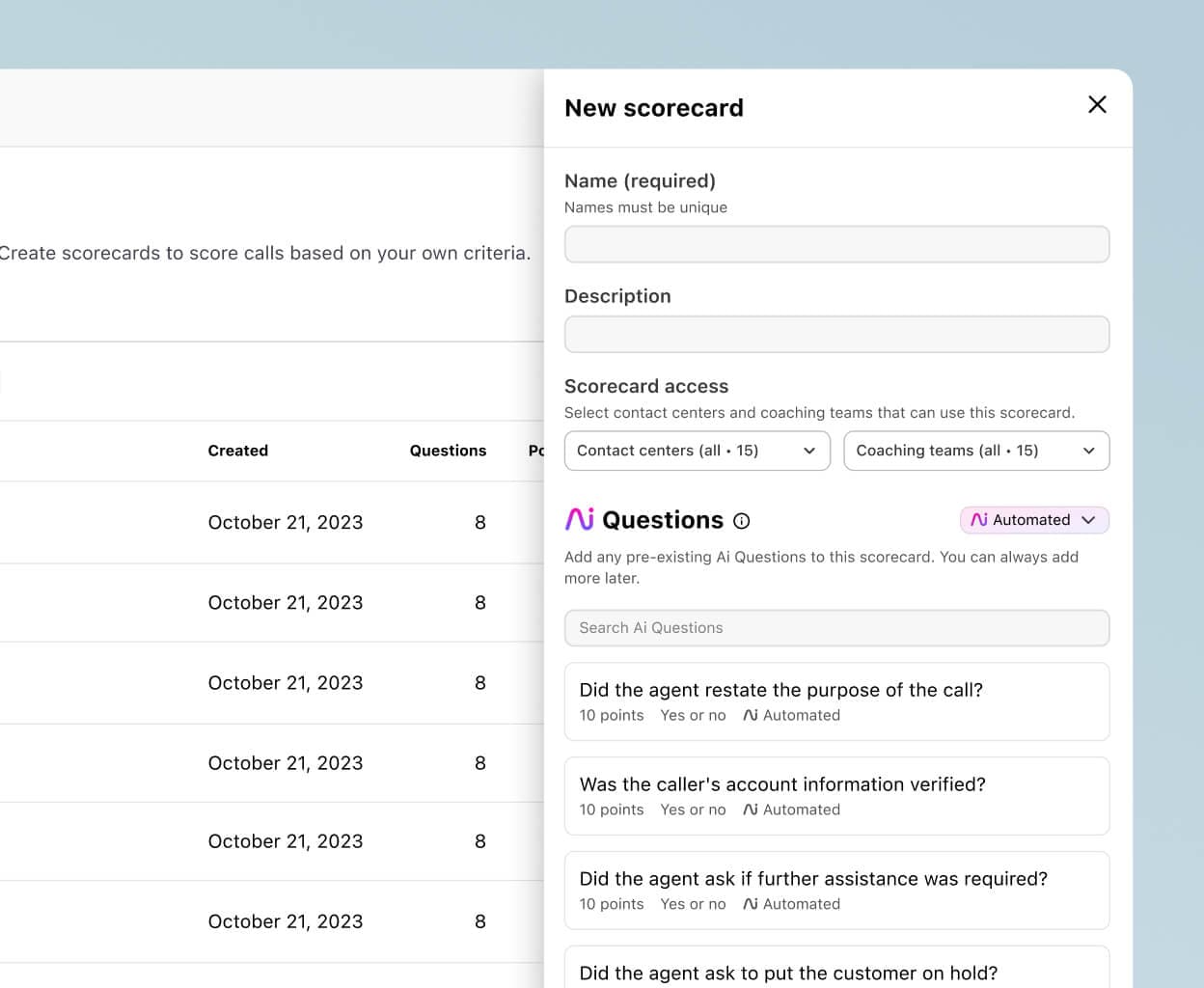 Screenshot of creating a Dialpad Ai Scorecard in Dialpad’s online dashboard