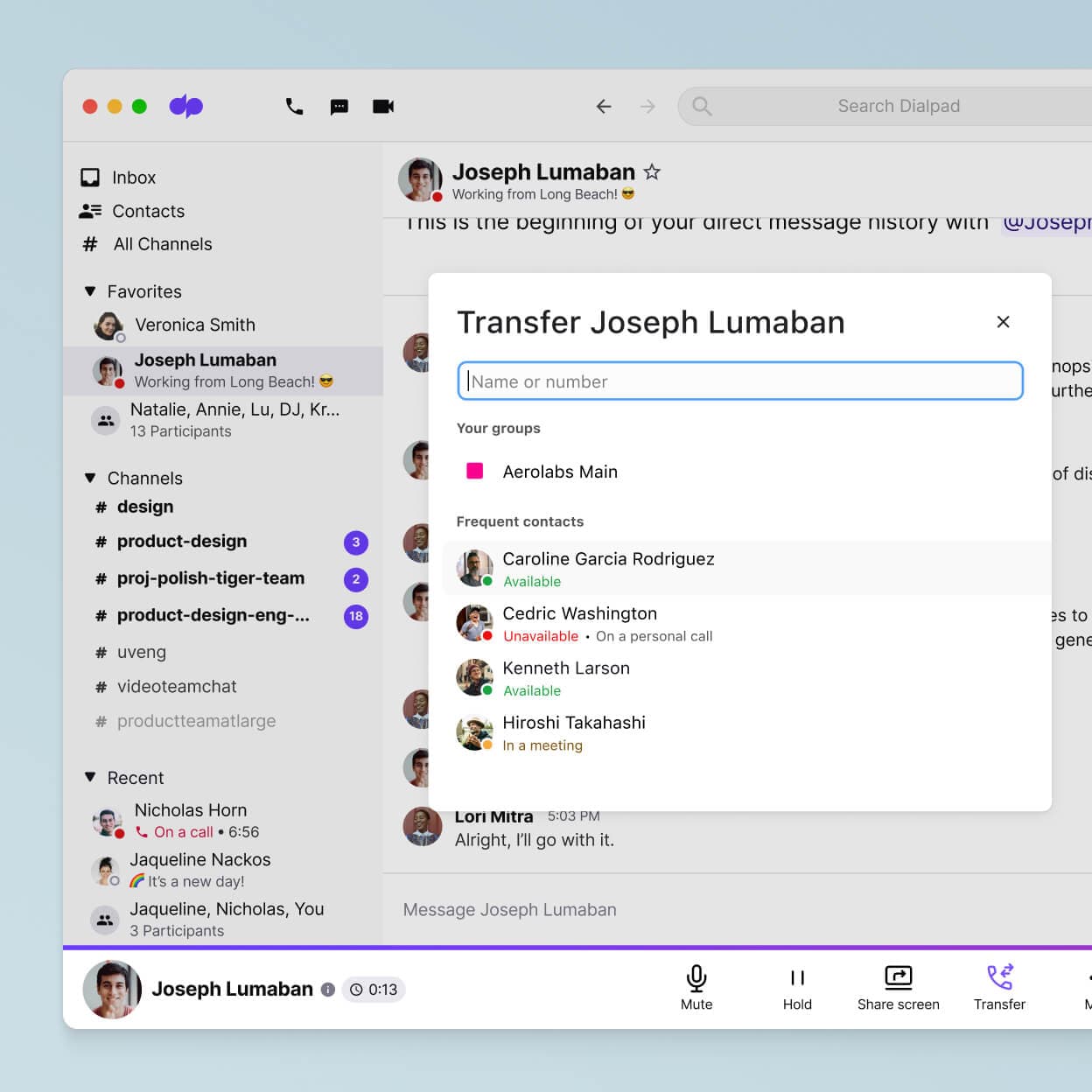 Screenshot showing the call transfer feature in Dialpad