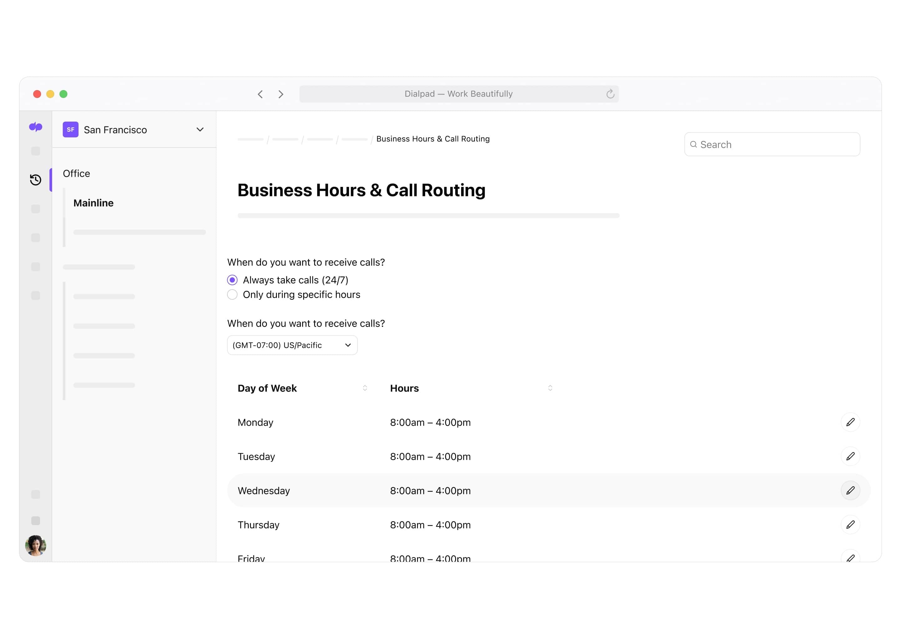 Screenshot of Dialpad's call routing options.