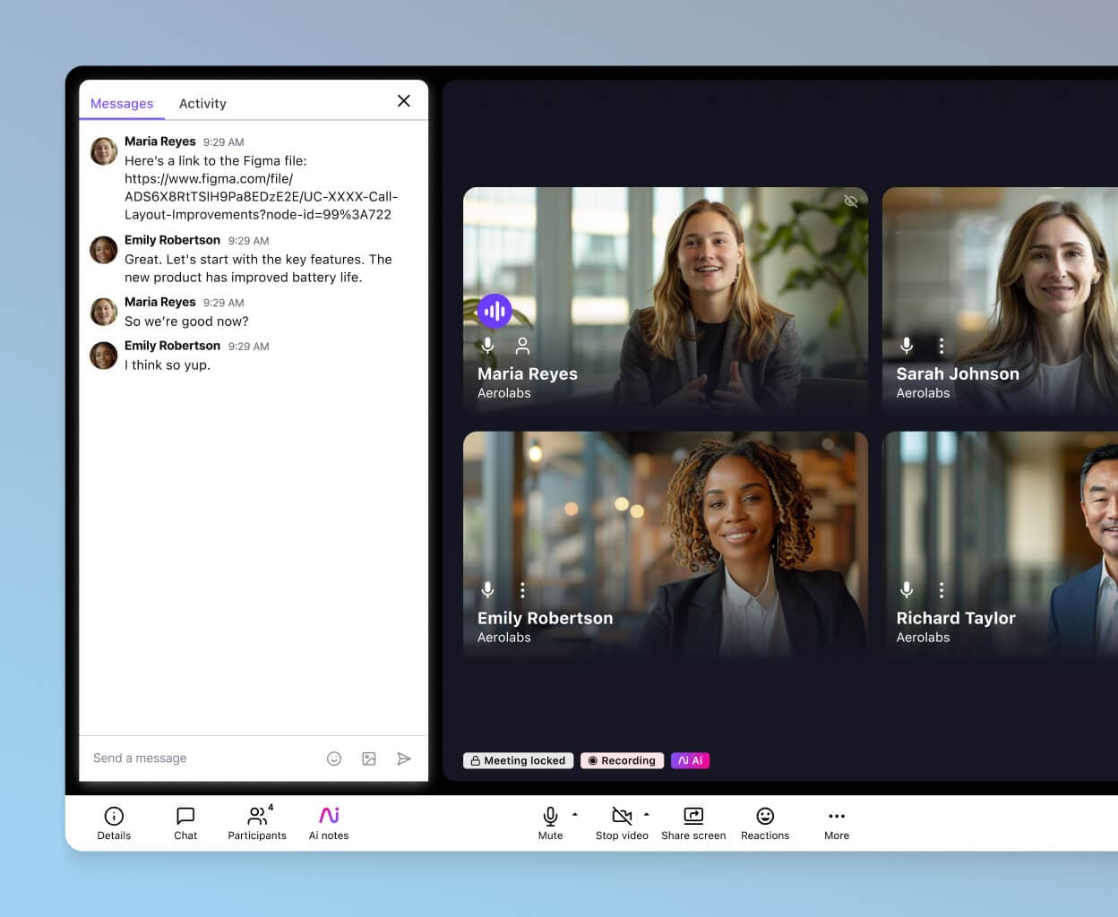 Screenshot of the in-meeting chat feature in Dialpad, showcasing group messaging during a conference call