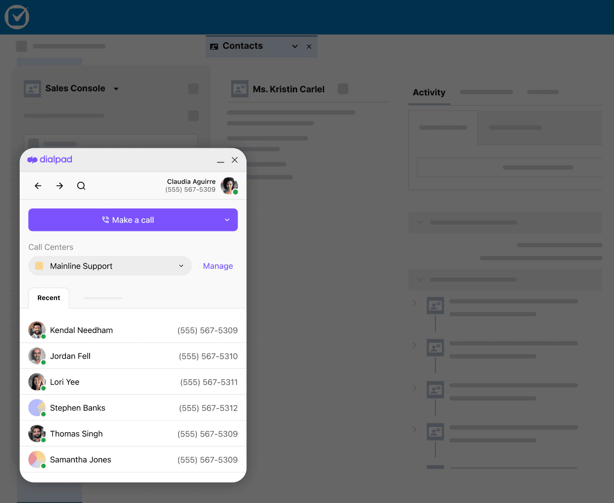 Screenshot of Dialpads integration with Clio