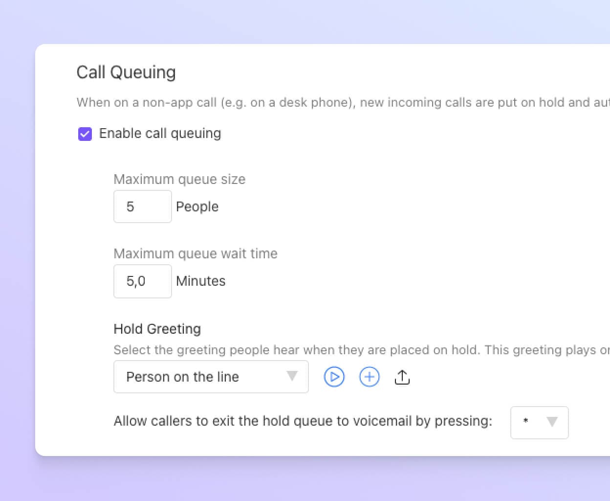 Screenshot of managing the call queuing settings in Dialpad