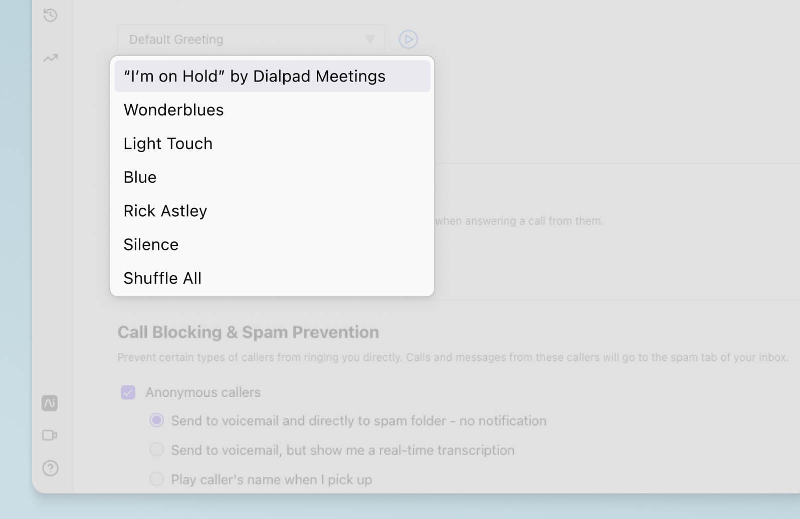 Screenshot of on-hold music options in Dialpad