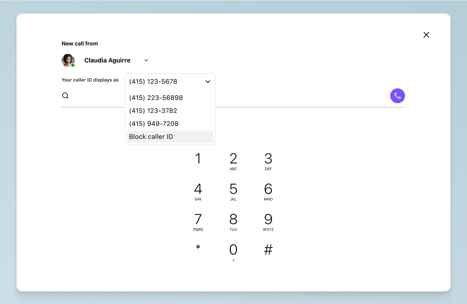 Screenshot of choosing a caller ID to display when making a work call from ones personal cell phone using Dialpads app