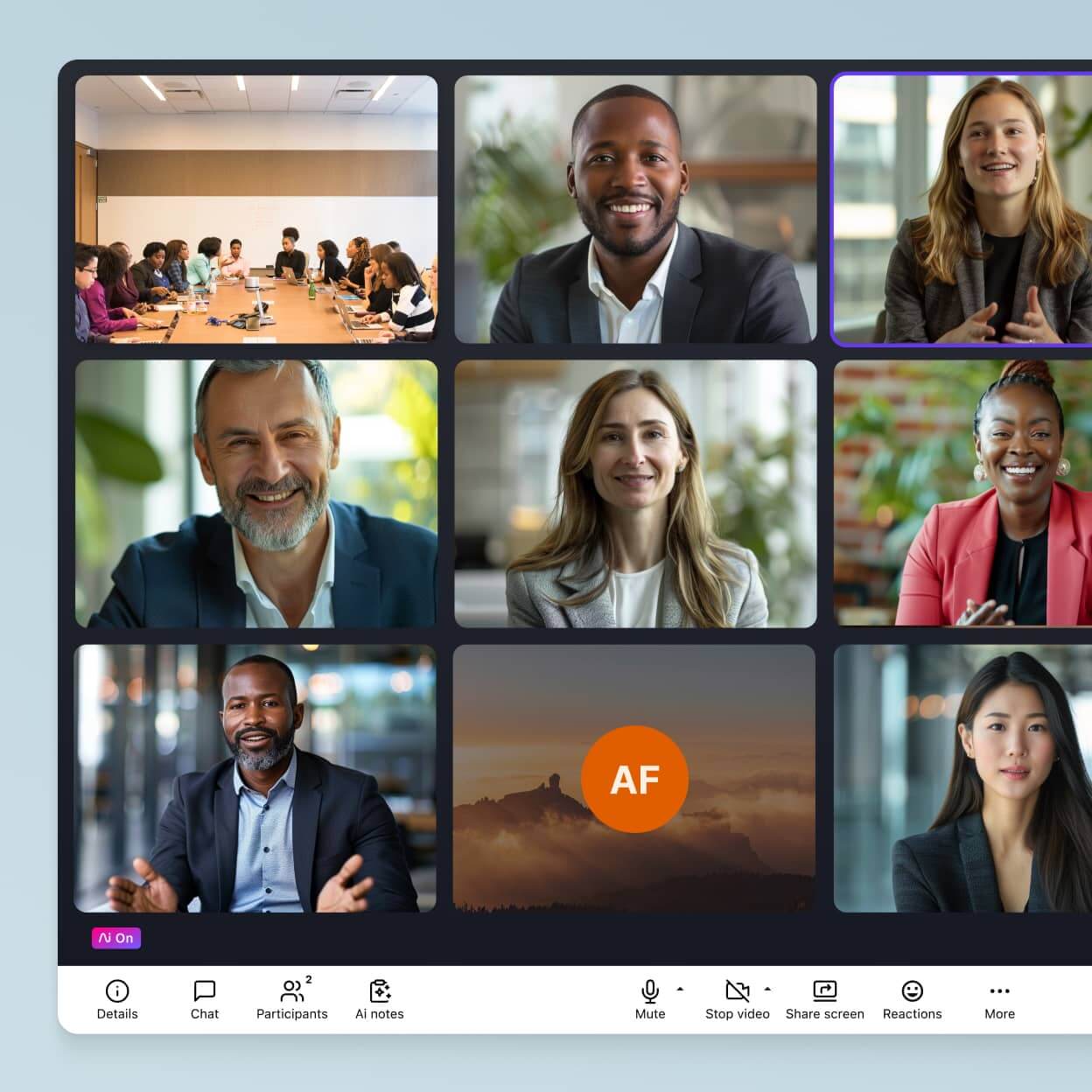 Screenshot of Dialpad's video conferencing feature in grid view, displaying multiple participant video feeds