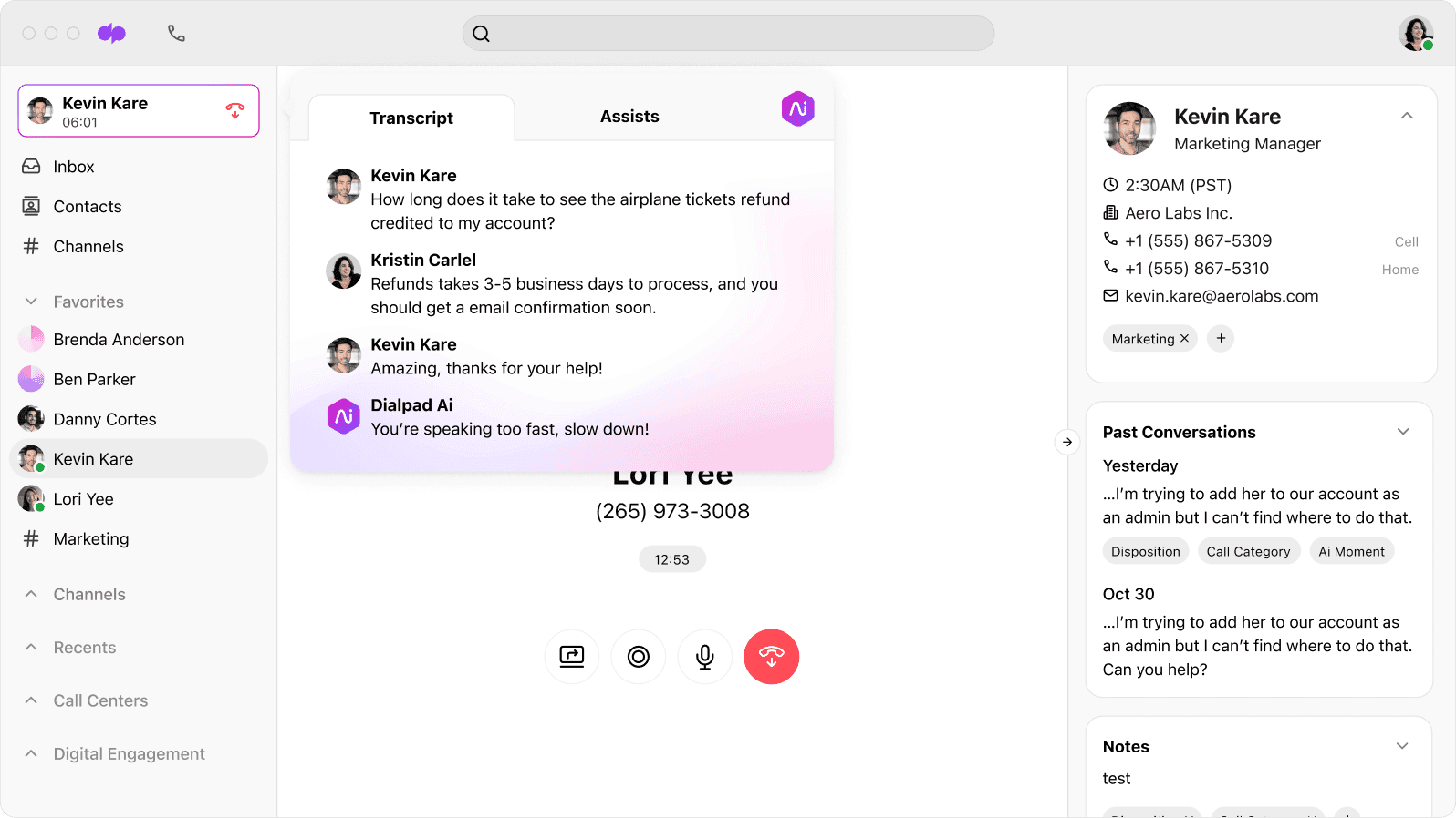 Screenshot of Dialpads live call interface with real time transcription running