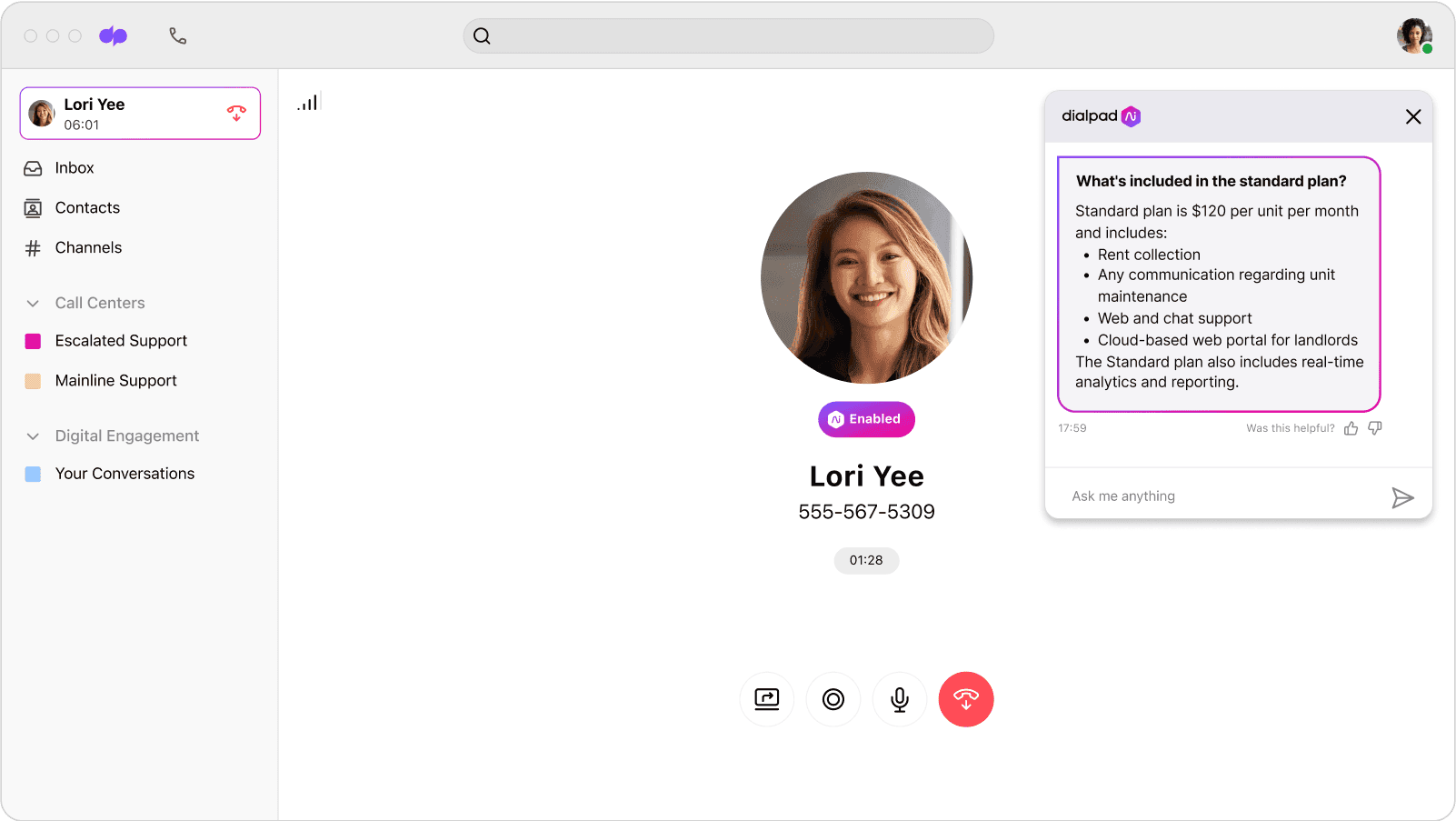 Screenshot of Dialpads live call interface with a real time agent assist card popping up