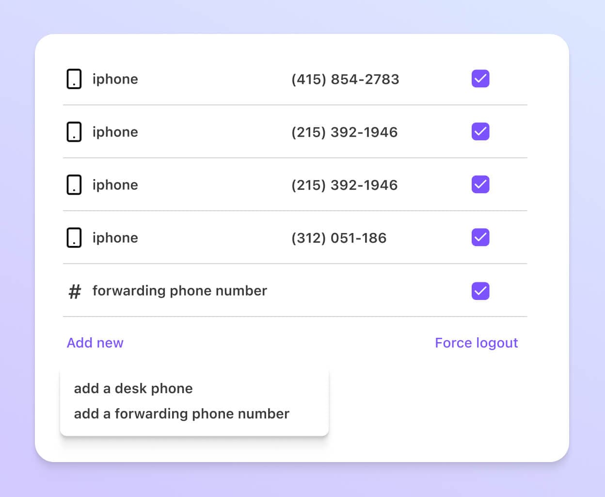 Screenshot of adding a call forwarding number from Dialpad’s online dashboard.