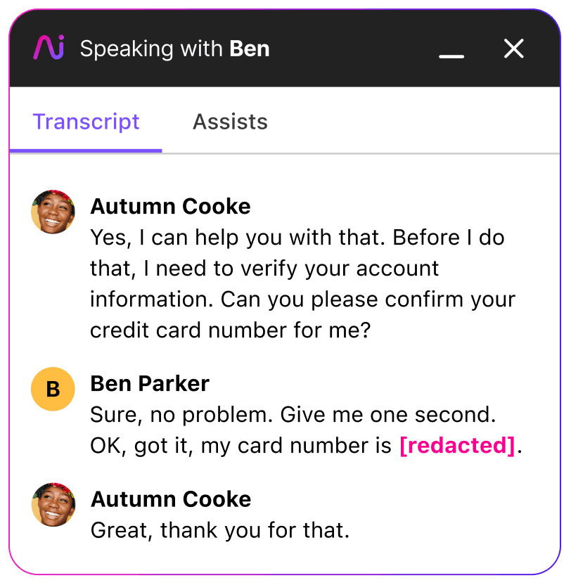 screenshot of automatic PII redaction in a dialpad transcript