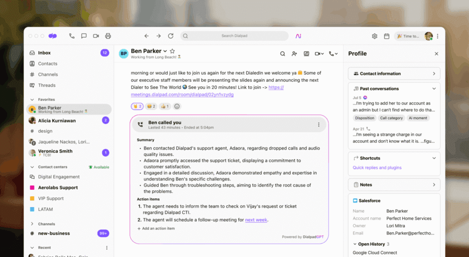 Screenshot of Dialpad Ai Recaps generating a summary and list of action items after a call