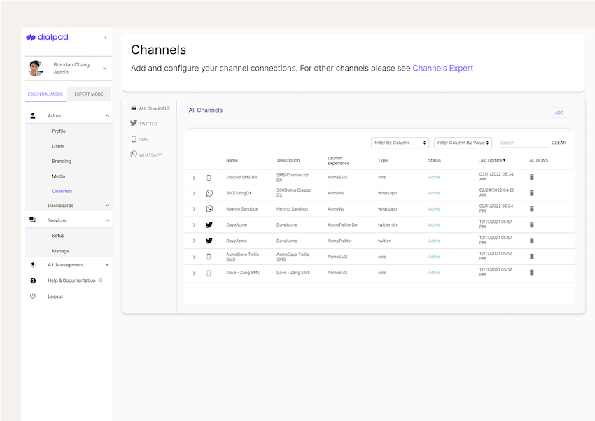 Channels screen