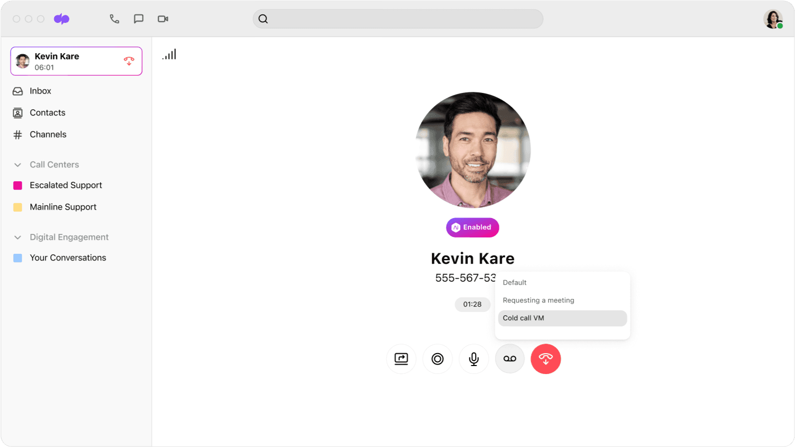 Screenshot of Dialpads voicemail drop feature which lets sales reps drop in a pre recorded message when they hit prospects voicemails Splunk