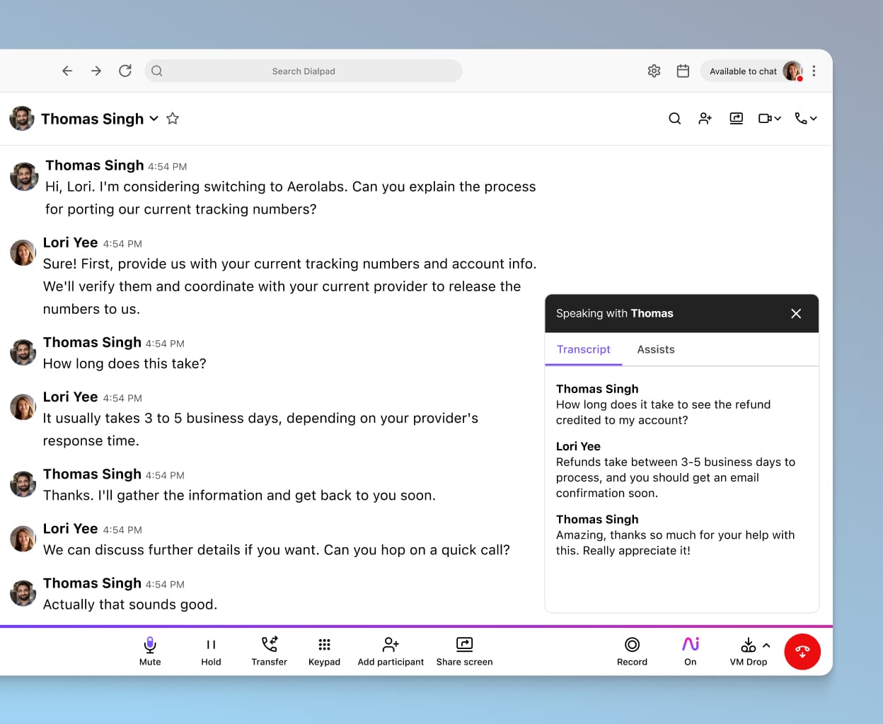 Dialpad Ai transcribing a phone call in real time.