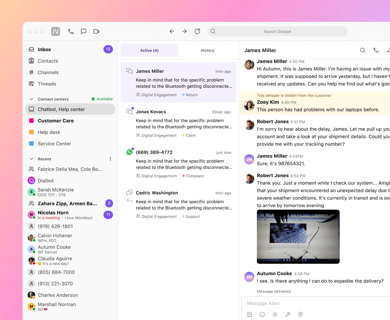 Screenshot of social media, digital, and voice channels being handled by an agent in Dialpad's omnichannel contact center platform