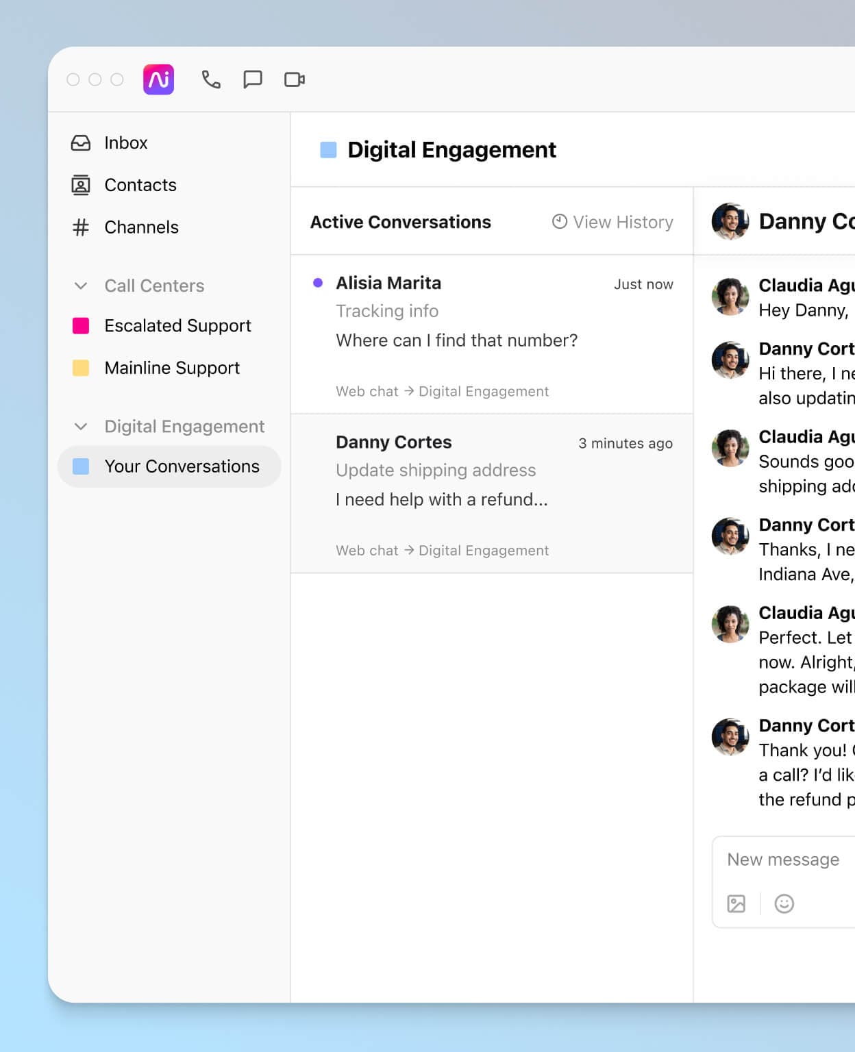 A screenshot of social media, digital, and voice channels being handled by an agent in Dialpad-s omnichannel contact center platform.