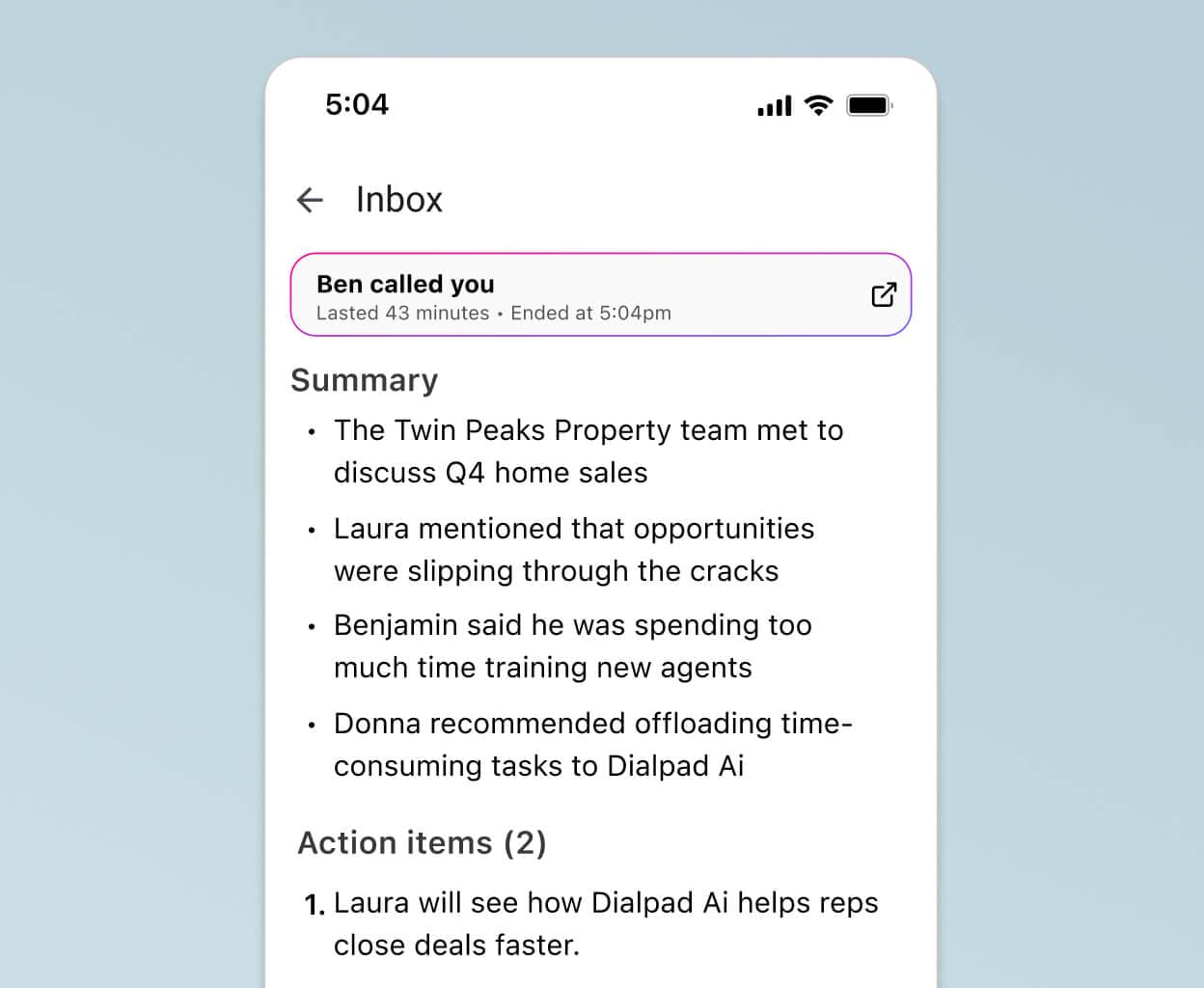 Screenshot of Dialpad AI Recaps generating a summary and action items after a phone call ends