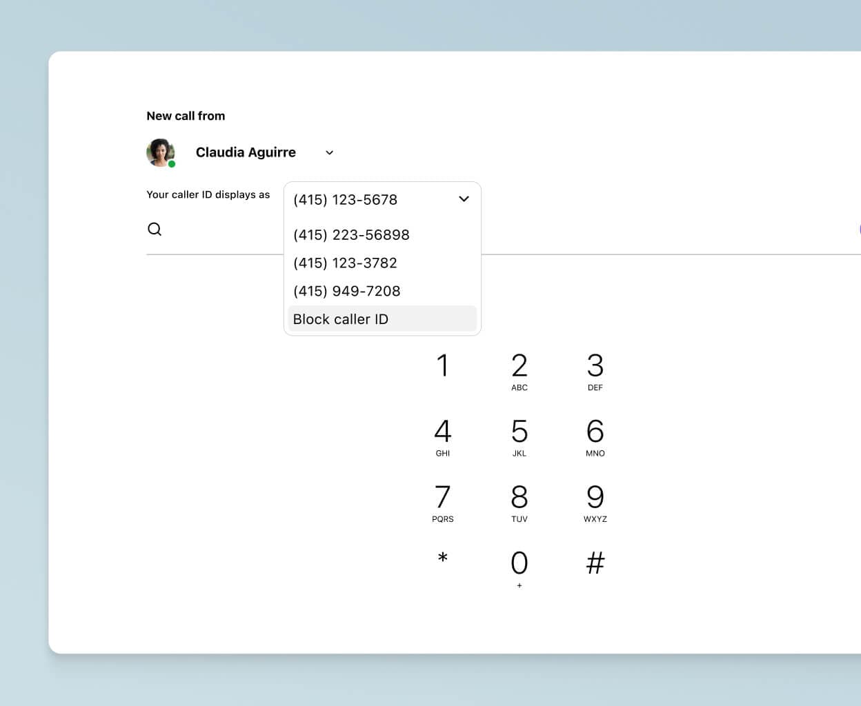 Screenshot of choosing a caller ID to display when making a work call from one's personal cell phone using Dialpad's app.