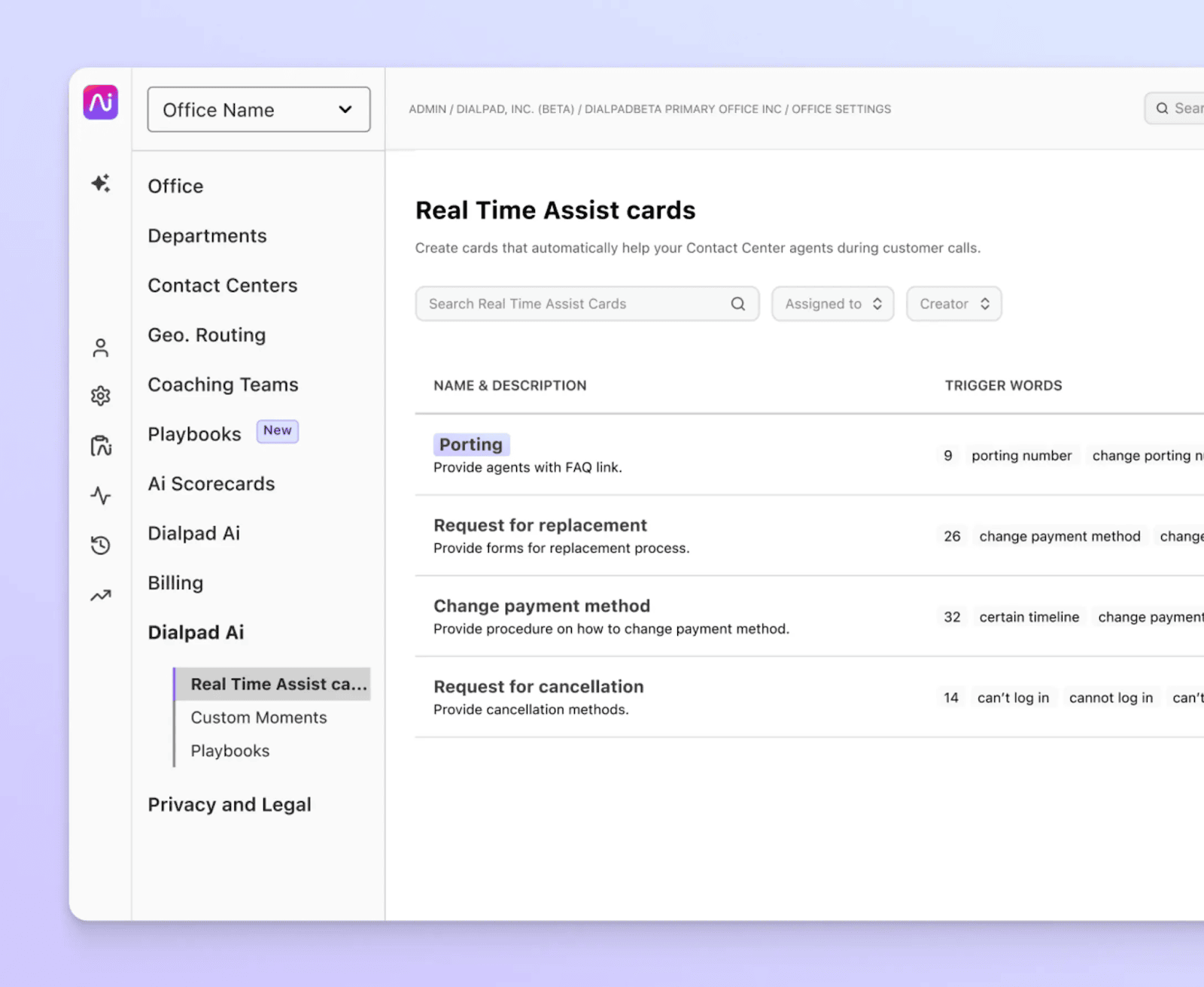 Real time assist cards