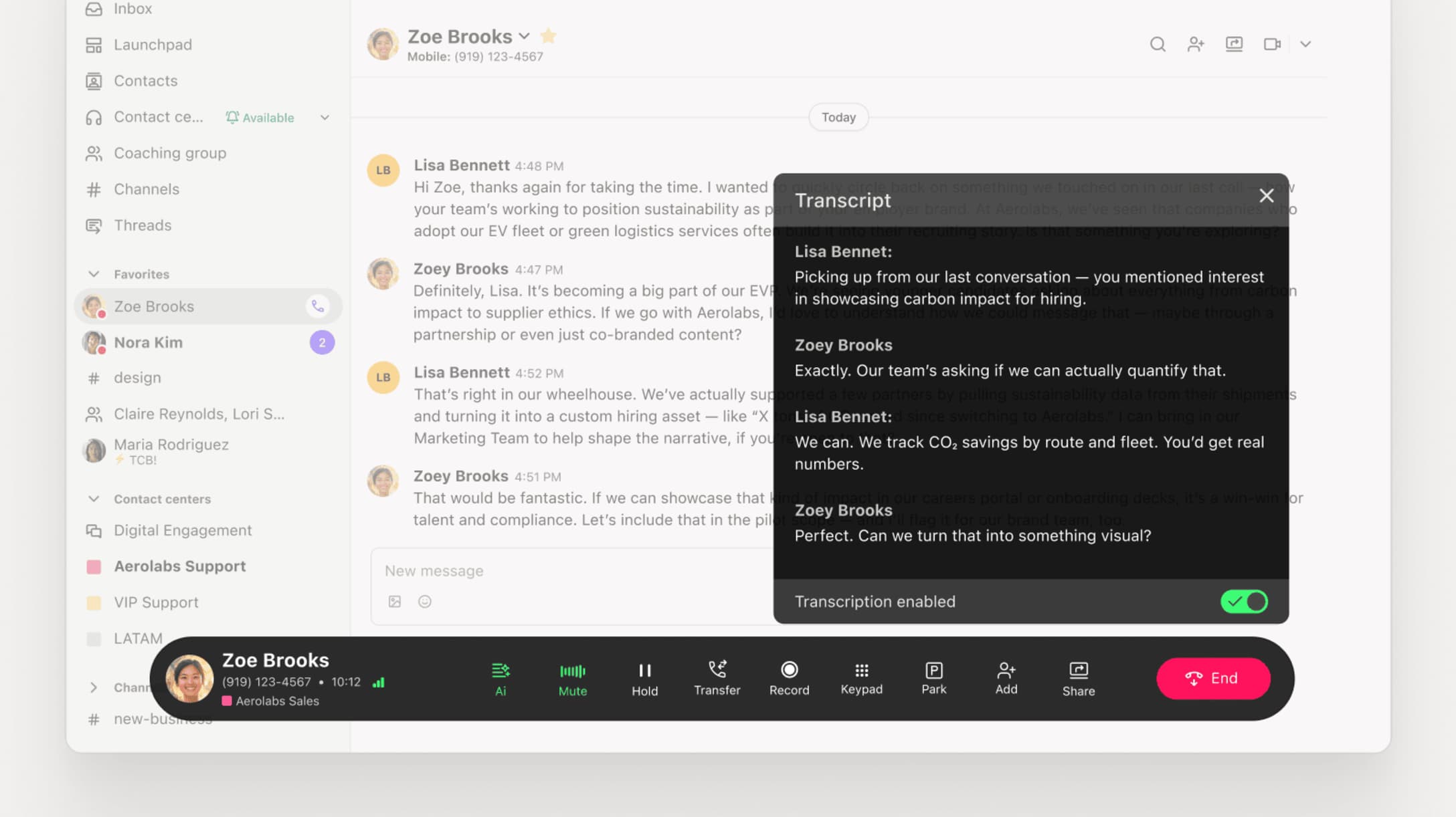 Live transcription interface in Dialpad showing PBX phone system AI-powered call documentation