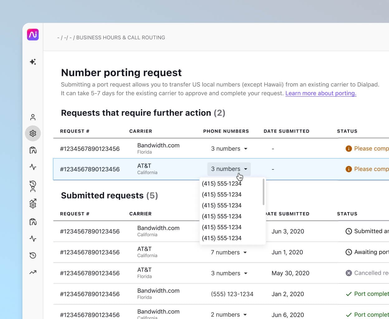 Screenshot of porting a phone number from Dialpad's online dashboard