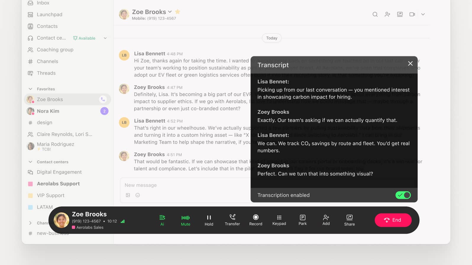 Screenshot of Dialpad Ai transcribing a call in real time