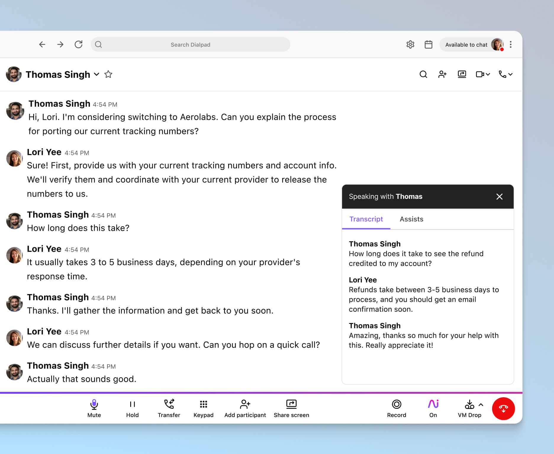 Screenshot of Dialpad Ai transcribing a phone call in real time