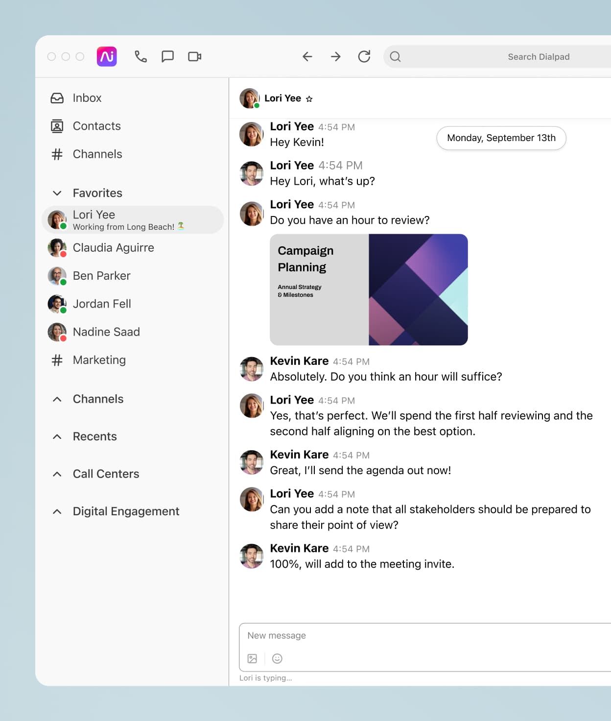 Screenshot of business text messaging features in Dialpad's desktop application