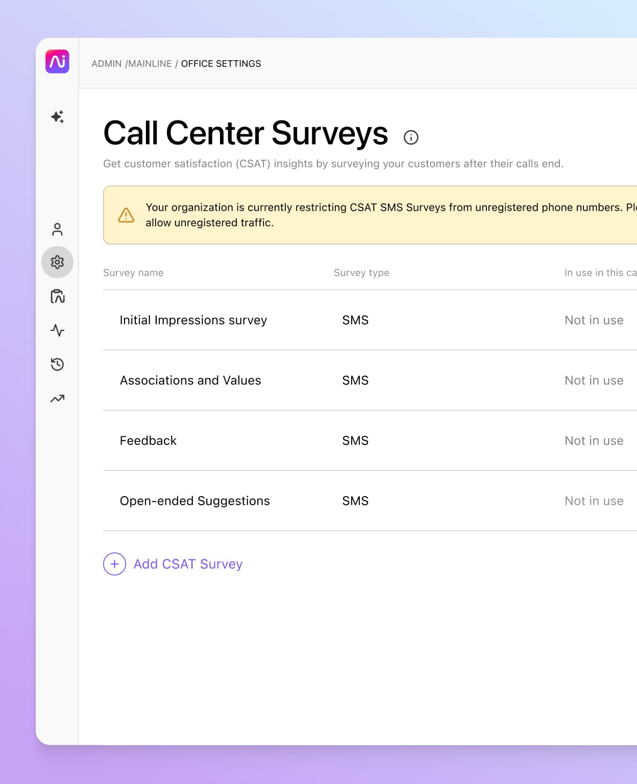 Capture d’écran des enquêtes CSAT de Dialpad fournissant des informations clés pour améliorer l'expérience client, pour mieux fidéliser la clientèle et pour comprendre votre cible démographique