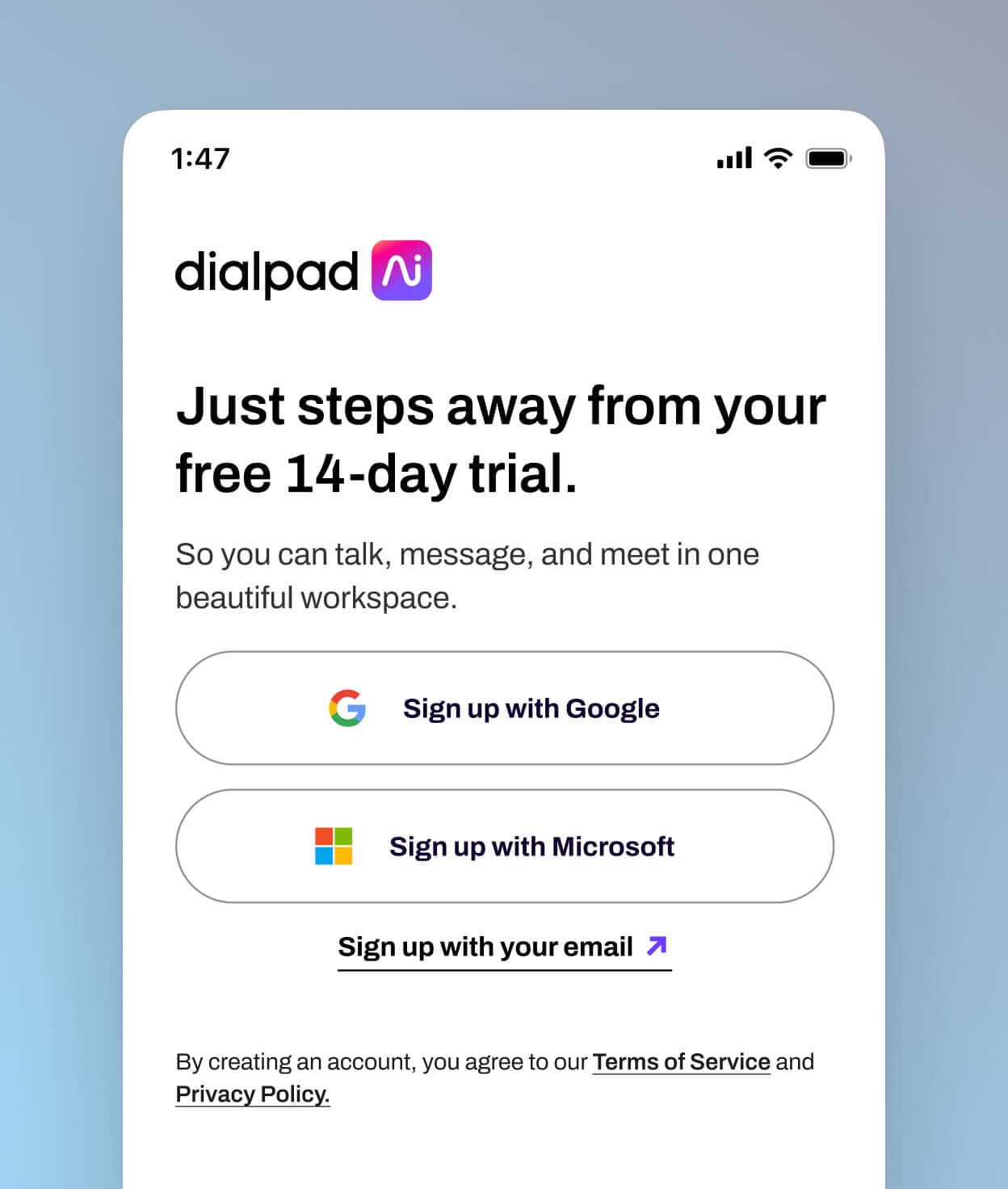 Screenshot of signing up for Dialpad free trial