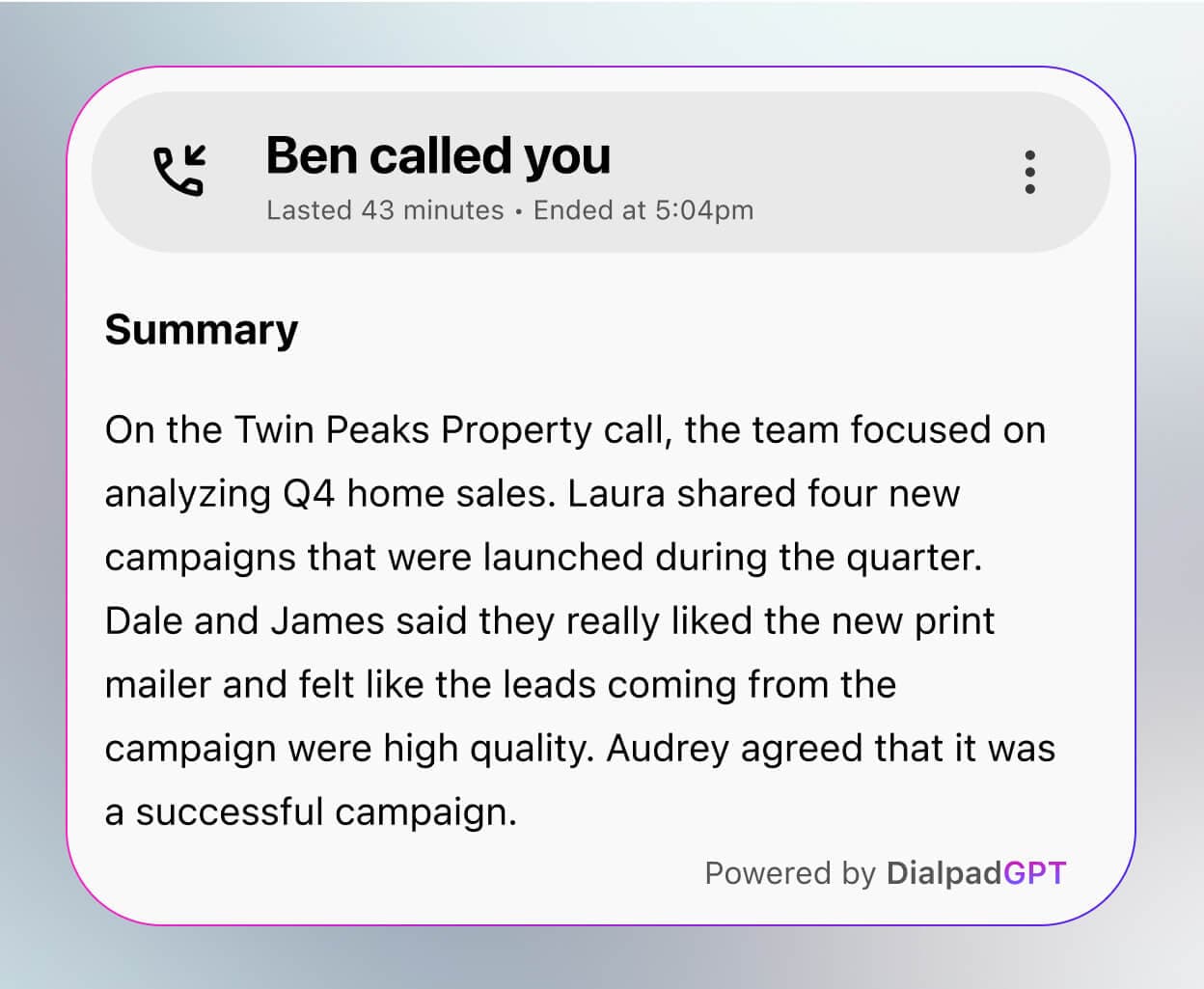 Capture d'écran de Dialpad Ai Recaps en train de générer un résumé après un appel