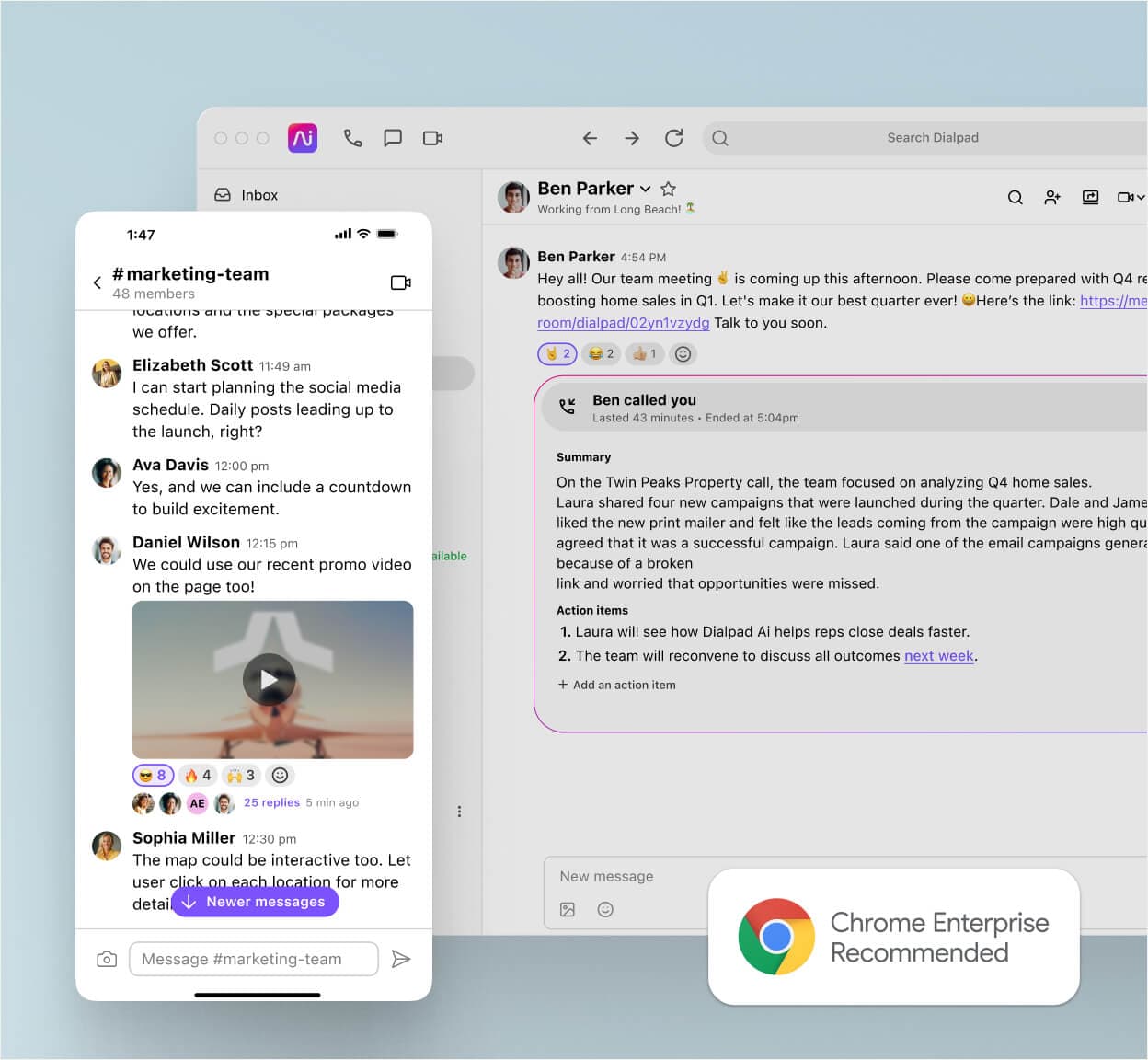 Screenshot of business text messaging features in Dialpad's desktop and mobile applications