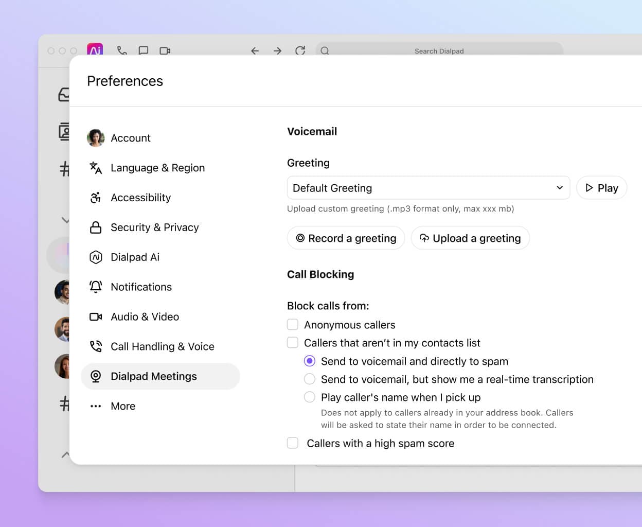 Screenshot of selecting the voicemail greeting on Dialpad